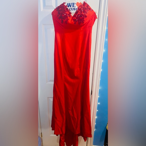 Ruby Red Minimal Glitter Sparkle Sequin Open Back Prom evening dress train gown - Picture 3 of 8